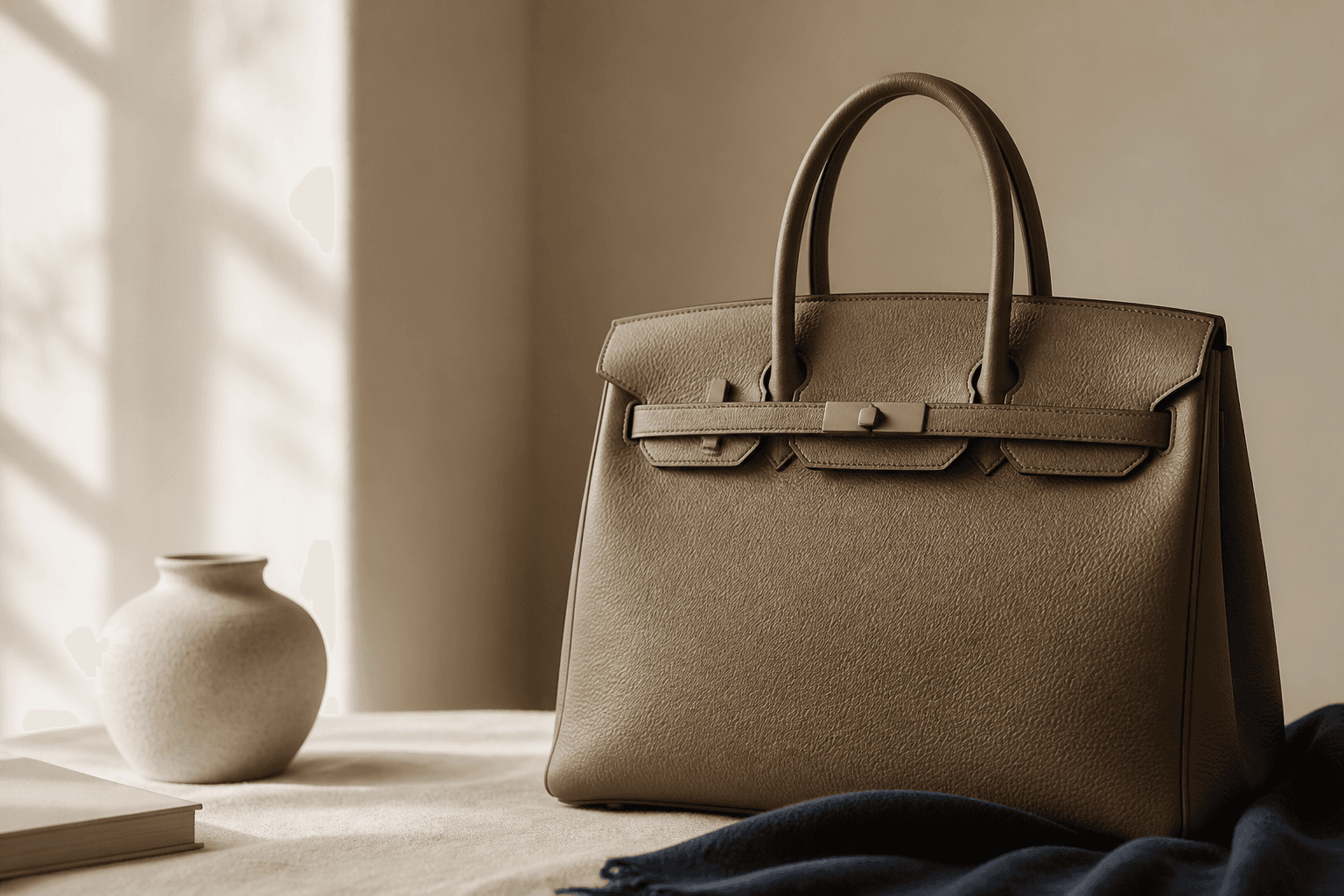 静かな室内に置かれたHermèsバッグのEditorial still life