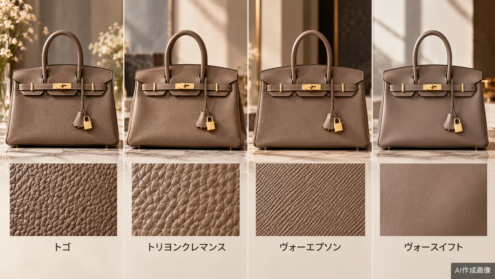 同じエトゥープでも異なるレザー素材を条件別に見るイメージ