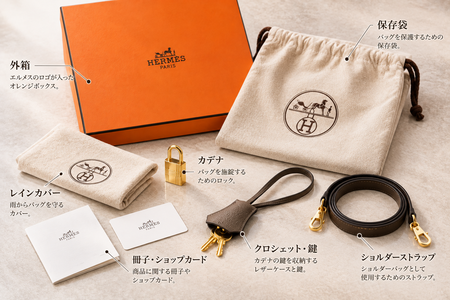 外箱や保存袋と、ストラップ、カデナ、鍵、クロシェットなどの付属品