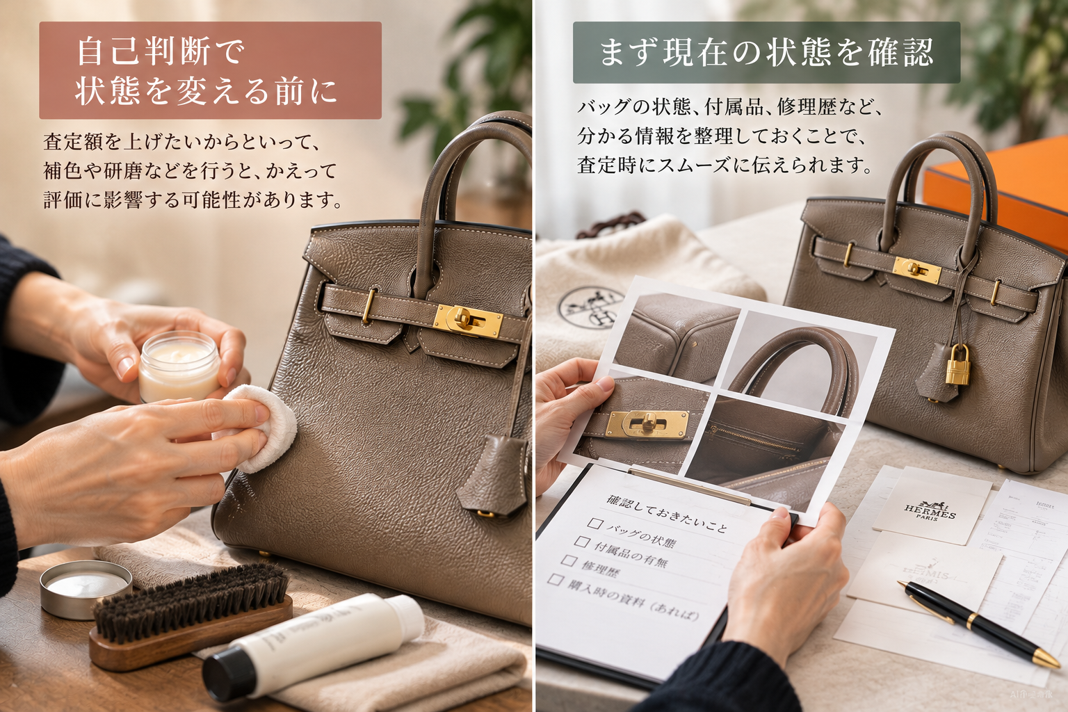 自己流で補修する前に、バッグの状態、付属品、修理記録を確認するイメージ