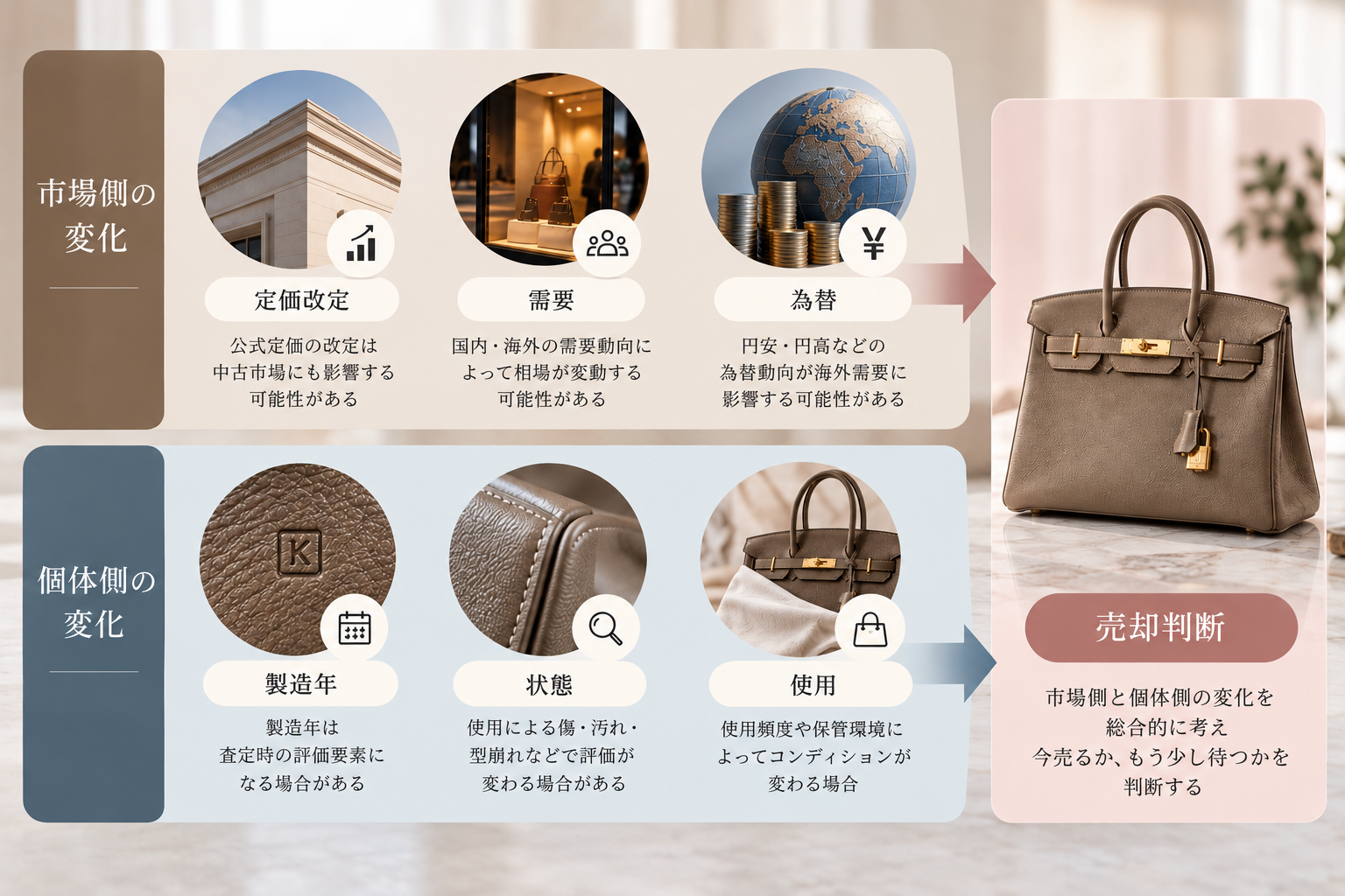 市場側と個体側の変化を分けて売却判断を考えるイメージ