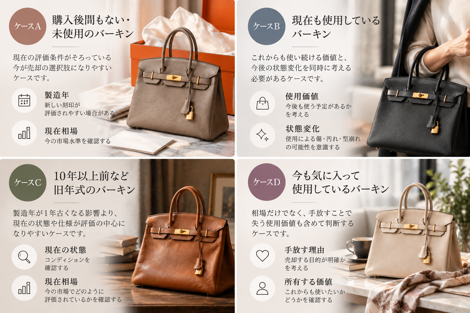 未使用品、使用中、旧年式、愛用中のバーキンという4つの検討ケース