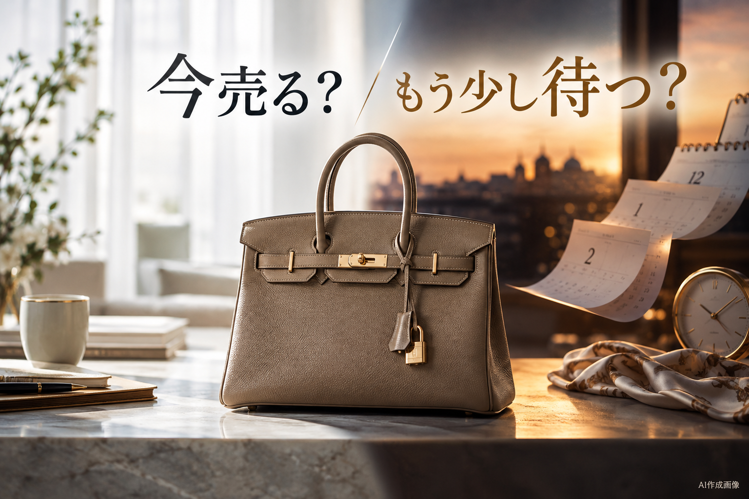 バーキンを今売るか、もう少し保有するかを考えるイメージ